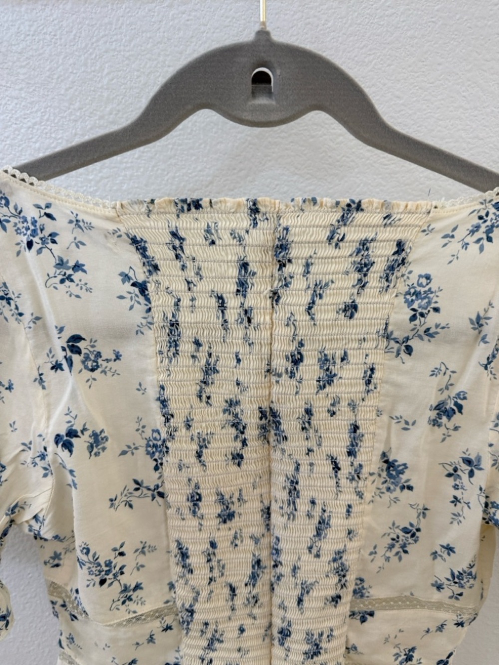 Reformation Cream and Blue Floral Smocked Back Blouse